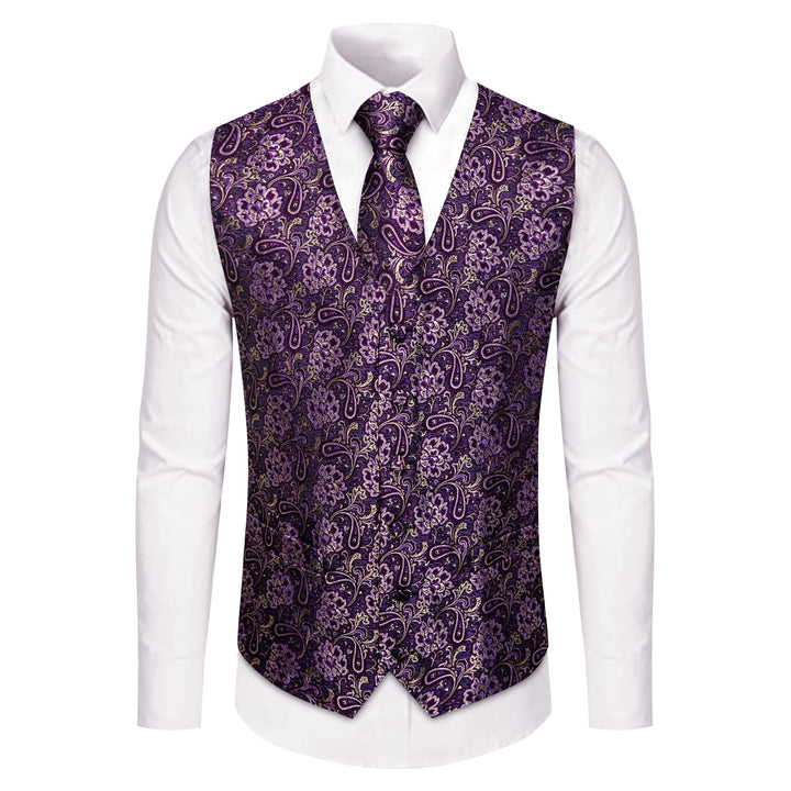 V-Neck Waistcoat Purple Beige Paisley Men's Vest Necktie Set