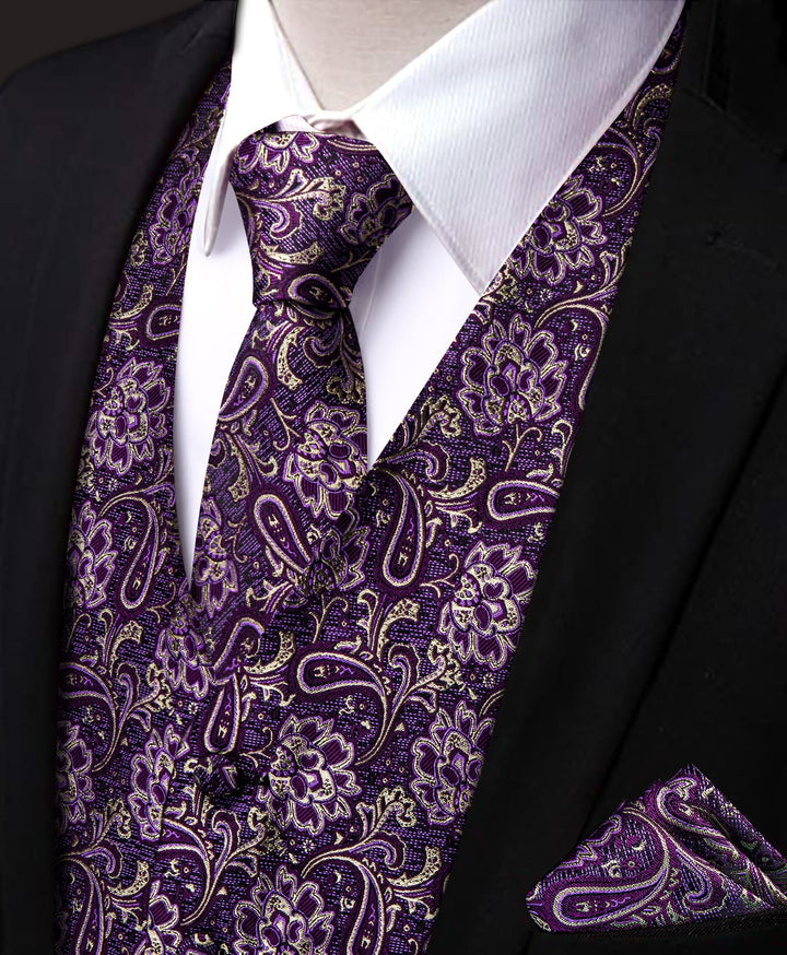 V-Neck Waistcoat Purple Beige Paisley Men's Vest Necktie Set