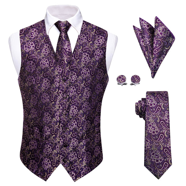 V-Neck Waistcoat Purple Beige Paisley Men's Vest Necktie Set