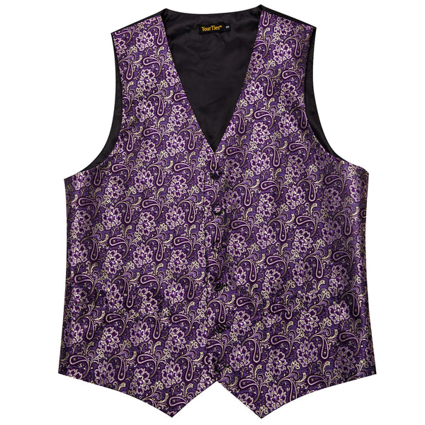 V-Neck Waistcoat Purple Beige Paisley Men's Vest Necktie Set