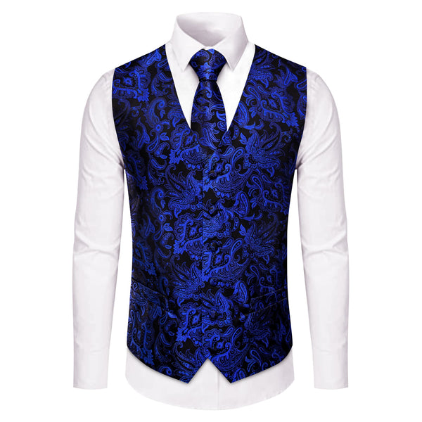  Deep Blue V-Neck Waistcoat Black Paisley Men Vest Necktie Set