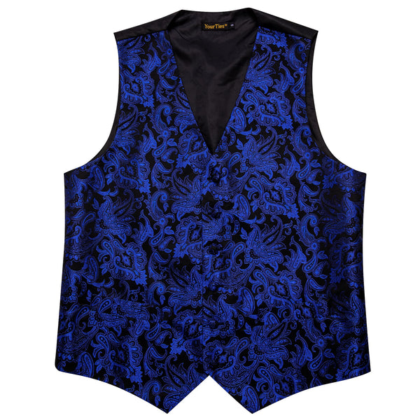  Deep Blue V-Neck Waistcoat Black Paisley Men Vest Necktie Set