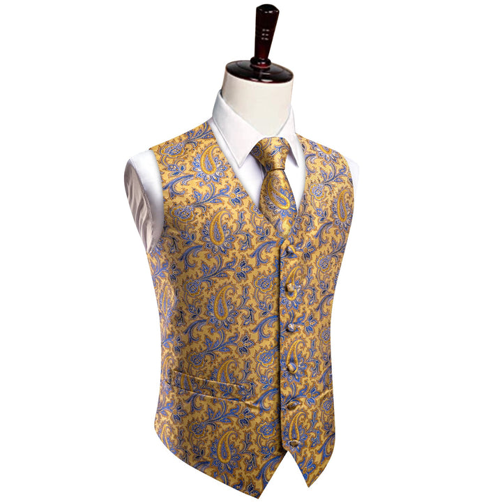 Light Yellow V-Neck Waistcoat Blue Paisley Vest Necktie Set