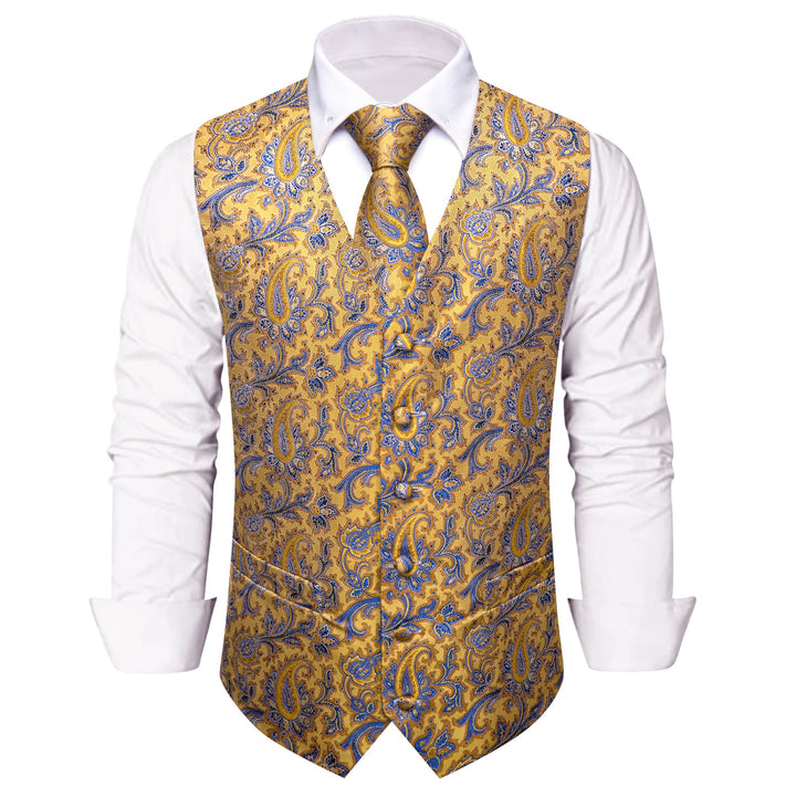 Light Yellow V-Neck Waistcoat Blue Paisley Vest Necktie Set