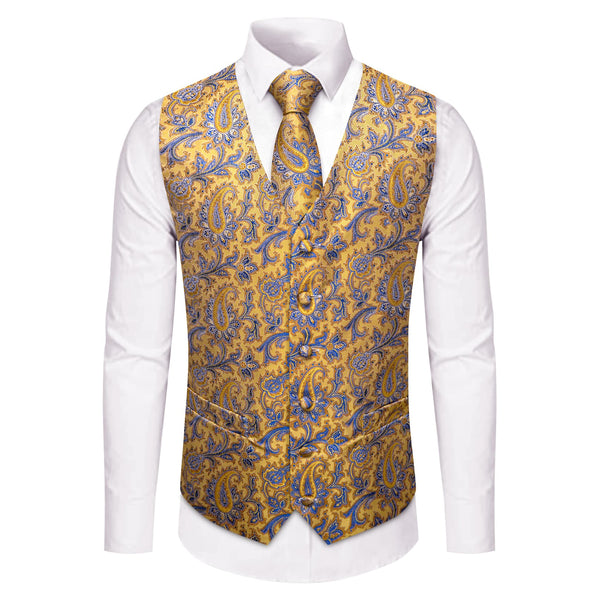 Light Yellow V-Neck Waistcoat Blue Paisley Vest Necktie Set