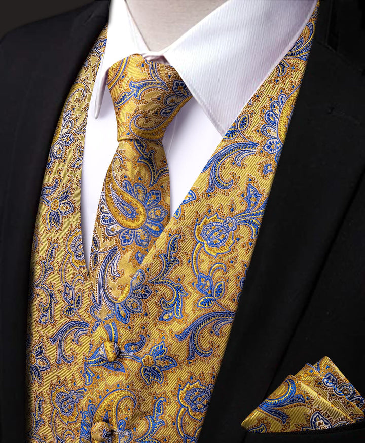 Light Yellow V-Neck Waistcoat Blue Paisley Vest Necktie Set