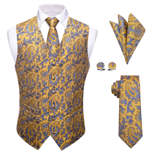 Light Yellow V-Neck Waistcoat Blue Paisley Vest Necktie Set