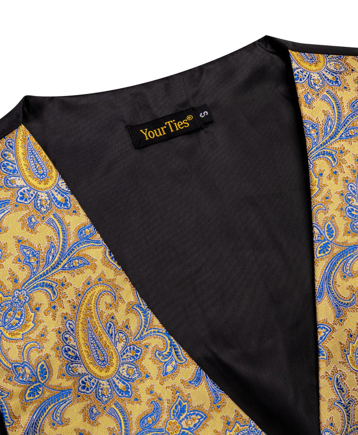 Light Yellow V-Neck Waistcoat Blue Paisley Vest Necktie Set