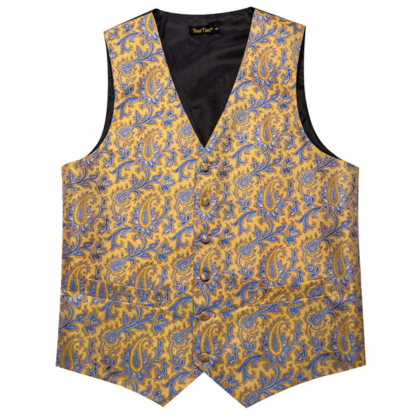 Light Yellow V-Neck Waistcoat Blue Paisley Vest Necktie Set