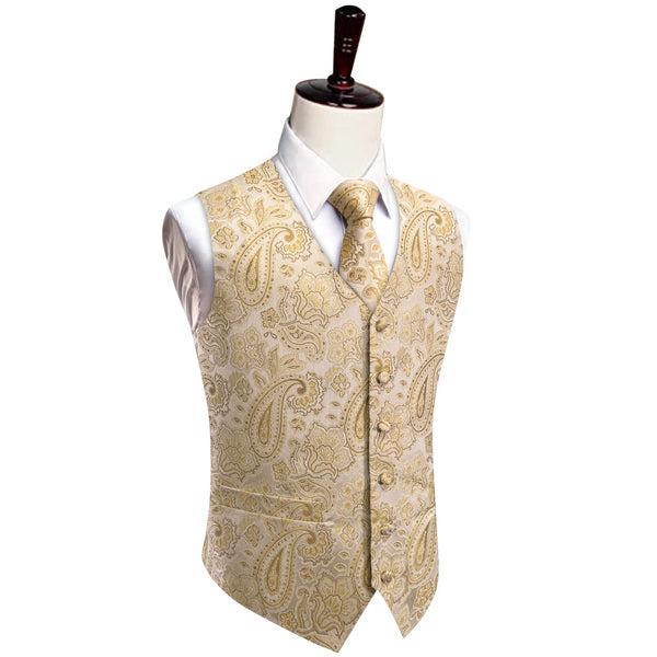 Champagne V-Neck Waistcoat Beige Men Paisley Vest Necktie Set