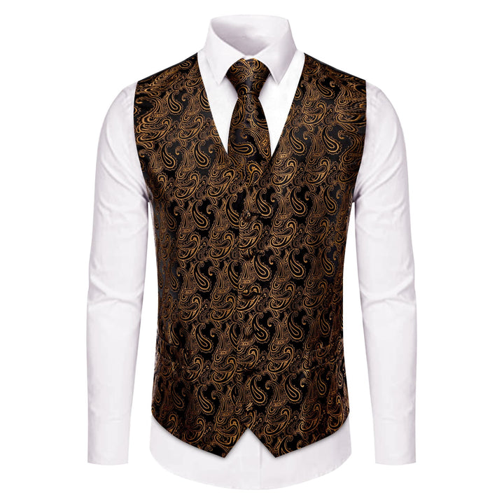 Brown Paisley Sleeveless Wedding Vest Necktie Set for Men