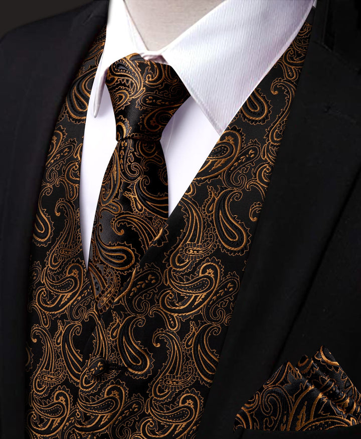 Brown Paisley Sleeveless Wedding Vest Necktie Set for Men