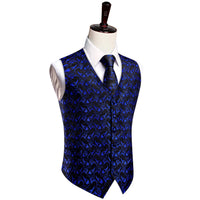 Royal Blue Waistcoat Paisley Black Sleeveless Vest Tie Set