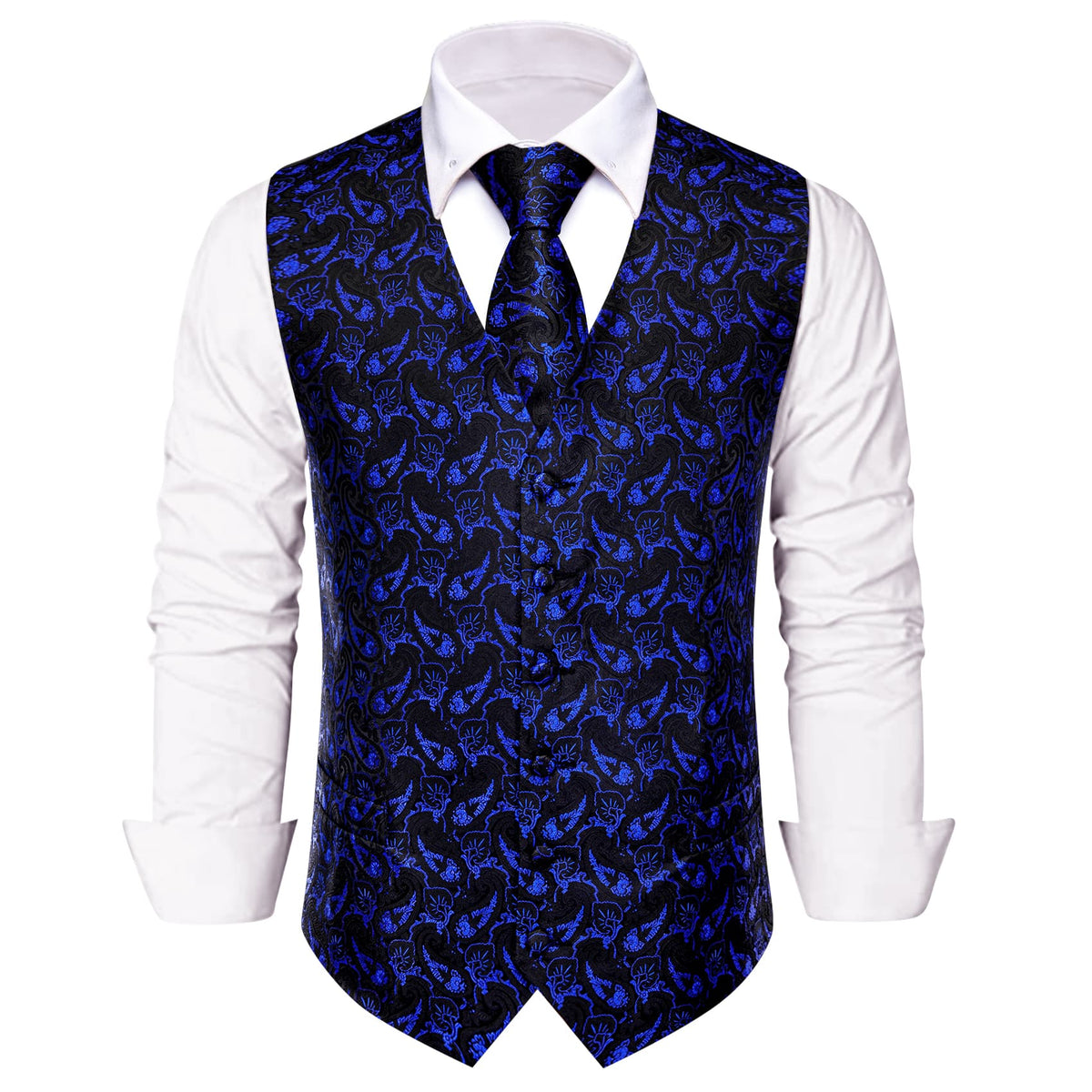 Royal Blue Waistcoat Paisley Black Sleeveless Vest Tie Set