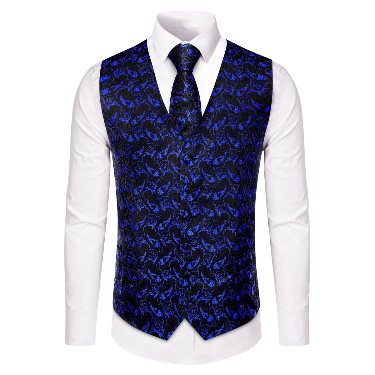 Royal Blue Waistcoat Paisley Black Sleeveless Vest Tie Set