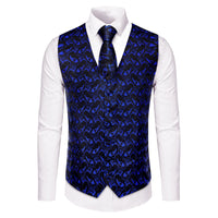 Royal Blue Waistcoat Paisley Black Sleeveless Vest Tie Set