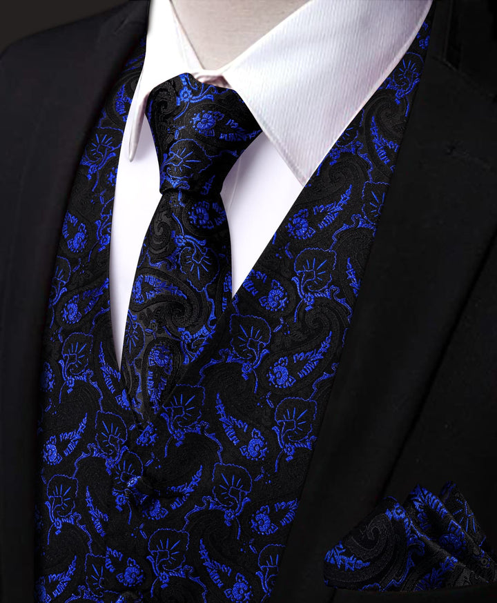 Royal Blue Waistcoat Paisley Black Sleeveless Vest Tie Set