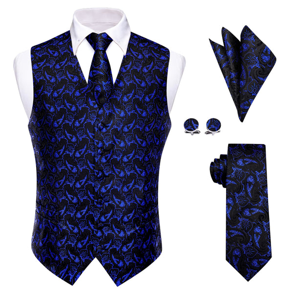 Royal Blue Waistcoat Paisley Black Sleeveless Vest Tie Set