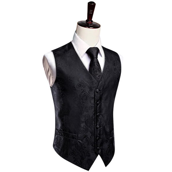 Black Wedding Waistcoat Paisley Sleeveless Mens Vest Tie Set