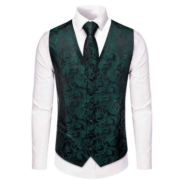 Sleeveless Wedding Waistcoat Paisley Dark Green Vest Tie Set