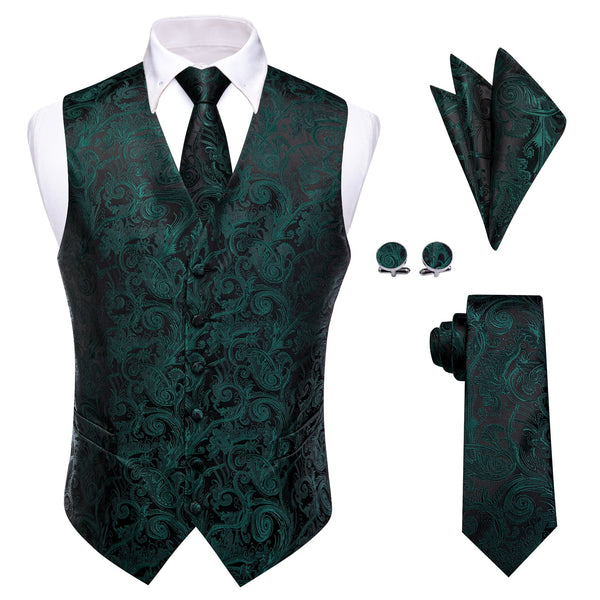 Sleeveless Wedding Waistcoat Paisley Dark Green Vest Tie Set