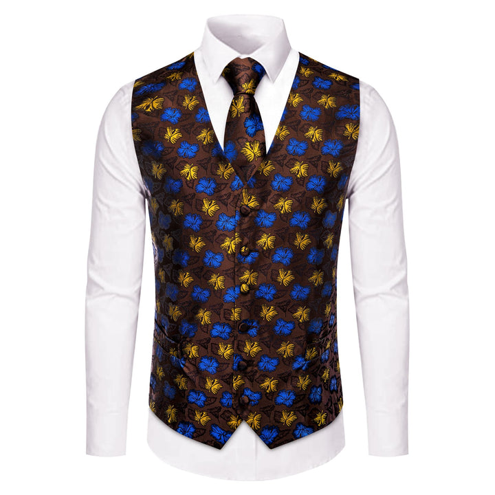  Mens Brown Waistcoat Yellow Blue Jacquard Floral Vest Tie Set