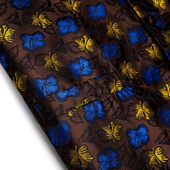  Mens Brown Waistcoat Yellow Blue Jacquard Floral Vest Tie Set