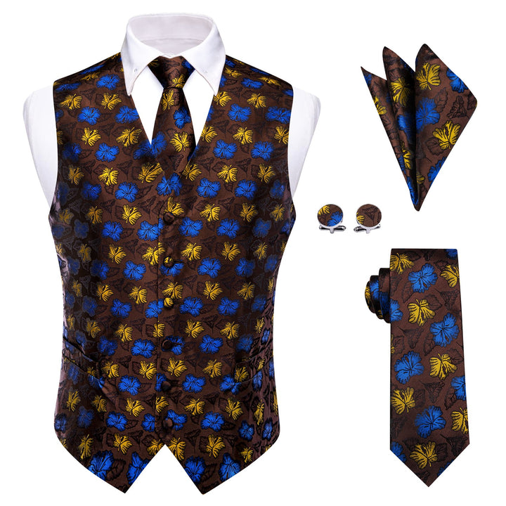  Mens Brown Waistcoat Yellow Blue Jacquard Floral Vest Tie Set