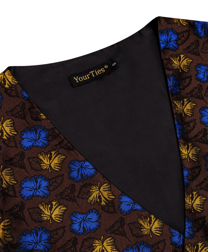  Mens Brown Waistcoat Yellow Blue Jacquard Floral Vest Tie Set