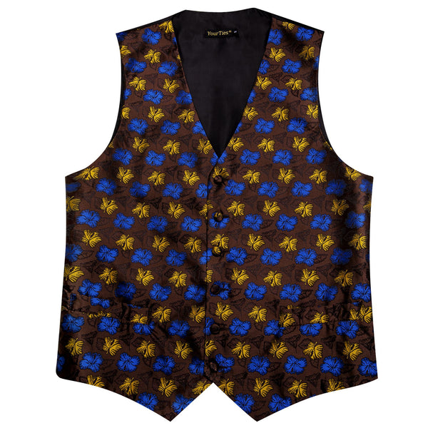  Mens Brown Waistcoat Yellow Blue Jacquard Floral Vest Tie Set