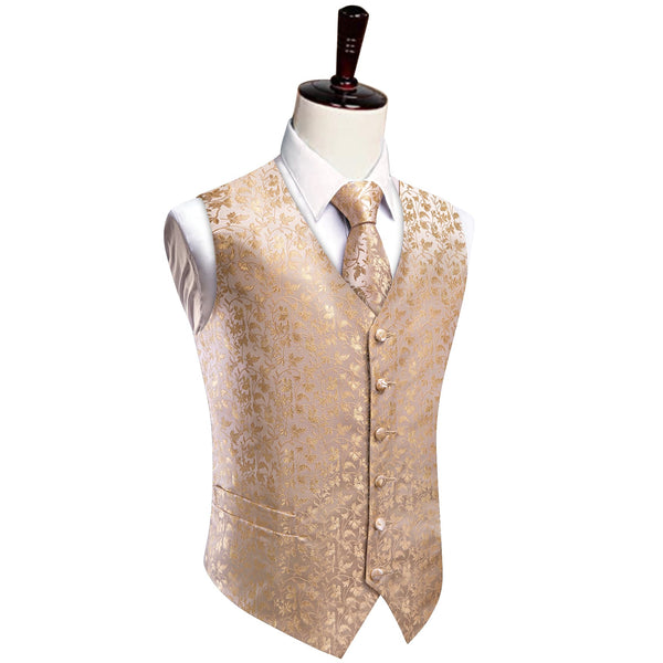 Champagne Vest Mens Jacquard Wedding Floral Vest Tie Set