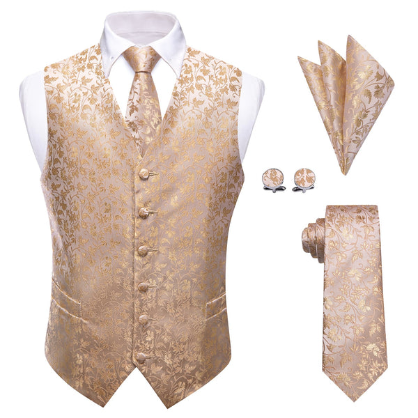 Champagne Vest Mens Jacquard Wedding Floral Vest Tie Set