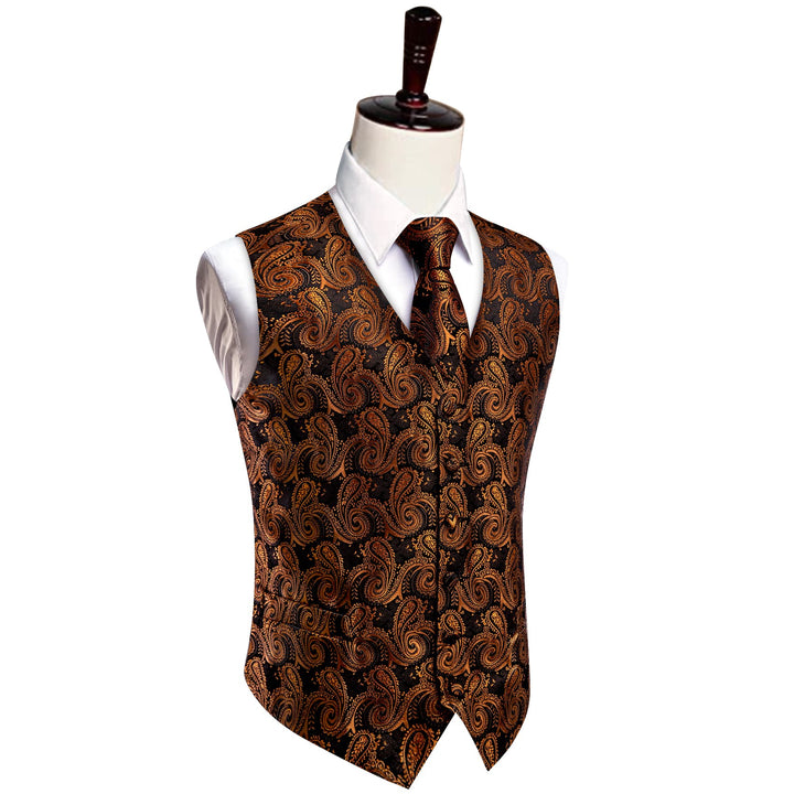 Paisley Vest Rust Orange Jacquard Black V-Neck Vest Tie Set