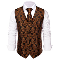 Paisley Vest Rust Orange Jacquard Black V-Neck Vest Tie Set