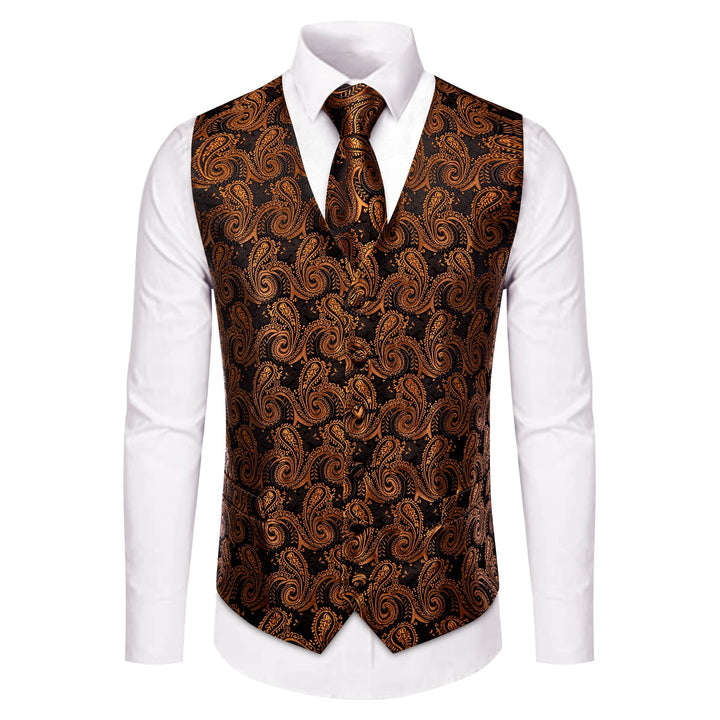 Paisley Vest Rust Orange Jacquard Black V-Neck Vest Tie Set