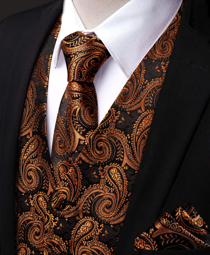 Paisley Vest Rust Orange Jacquard Black V-Neck Vest Tie Set