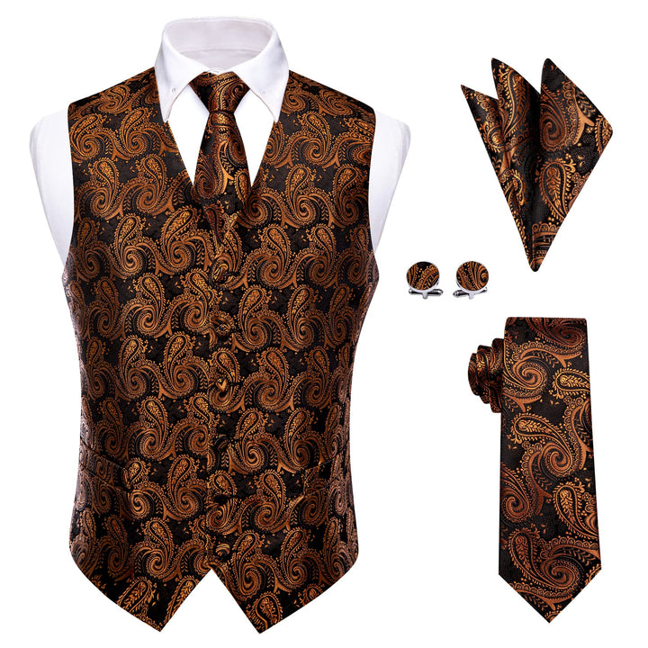 Paisley Vest Rust Orange Jacquard Black V-Neck Vest Tie Set