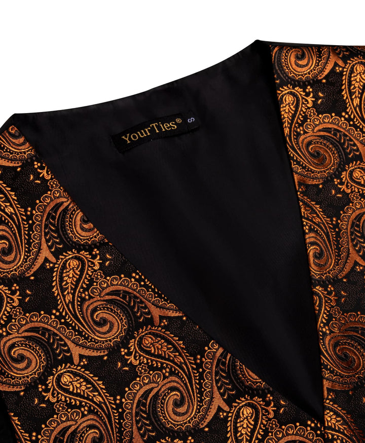 Paisley Vest Rust Orange Jacquard Black V-Neck Vest Tie Set