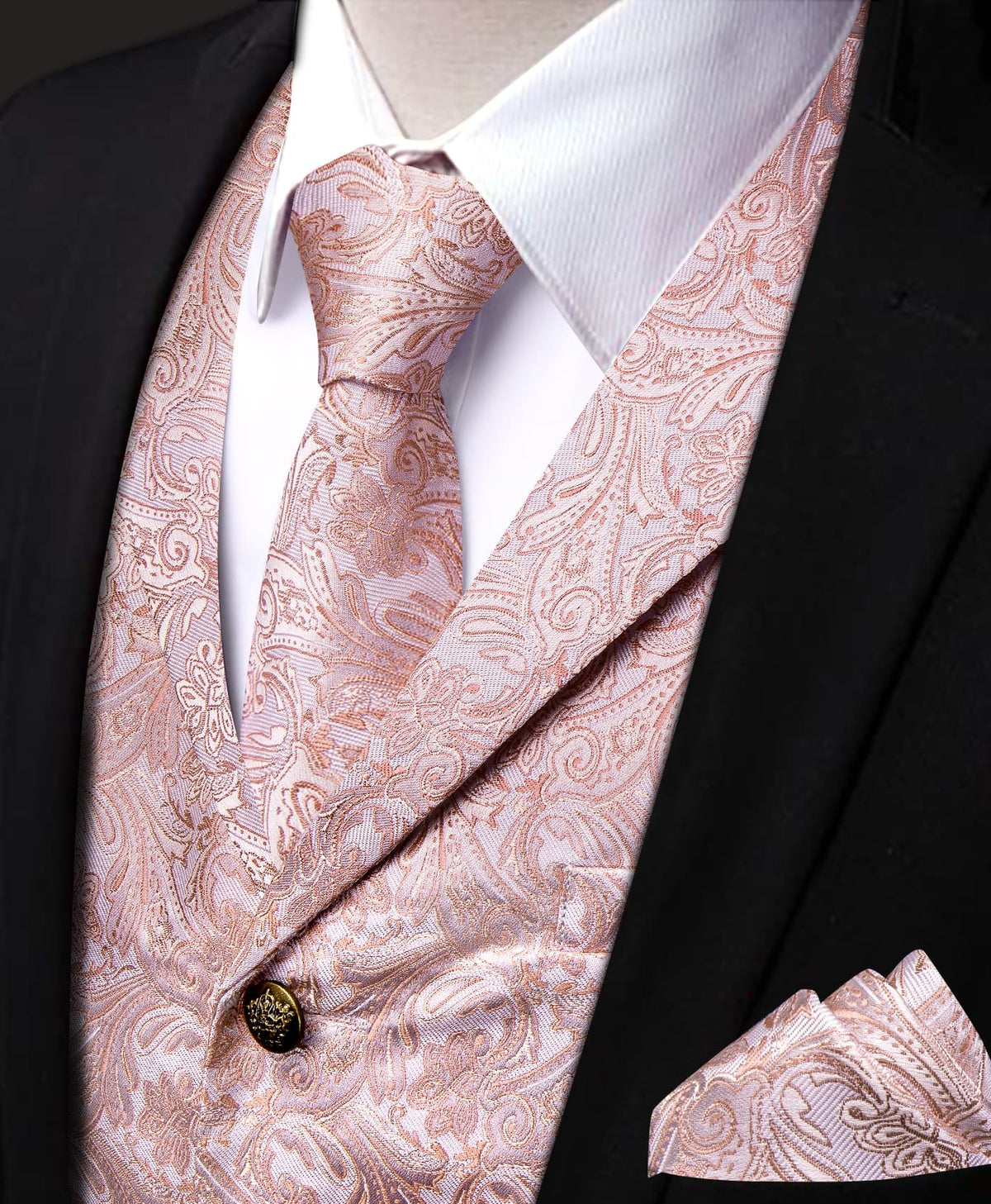 Paisley Waistcoat Pink Jacquard Notched Lapel Vest Tie Set