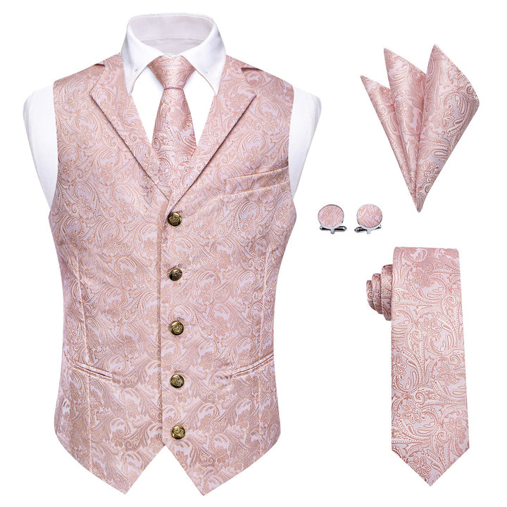 Paisley Waistcoat Pink Jacquard Notched Lapel Vest Tie Set