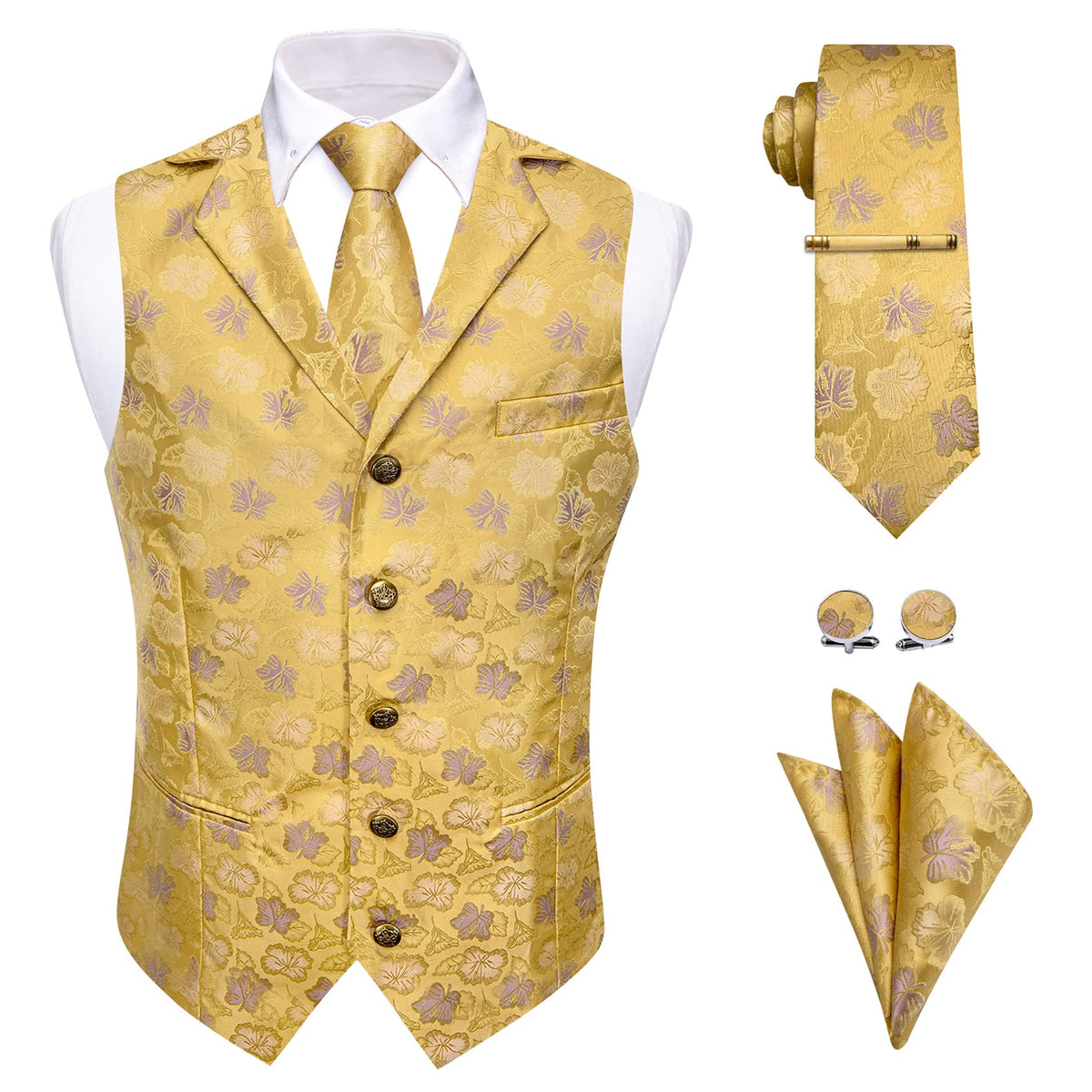 Yellow Waistcoat Thistle Purple Jacquard Floral Vest Tie Set