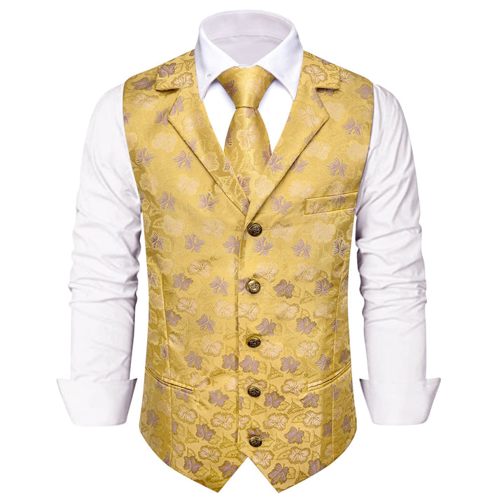 Yellow Waistcoat Thistle Purple Jacquard Floral Vest Tie Set