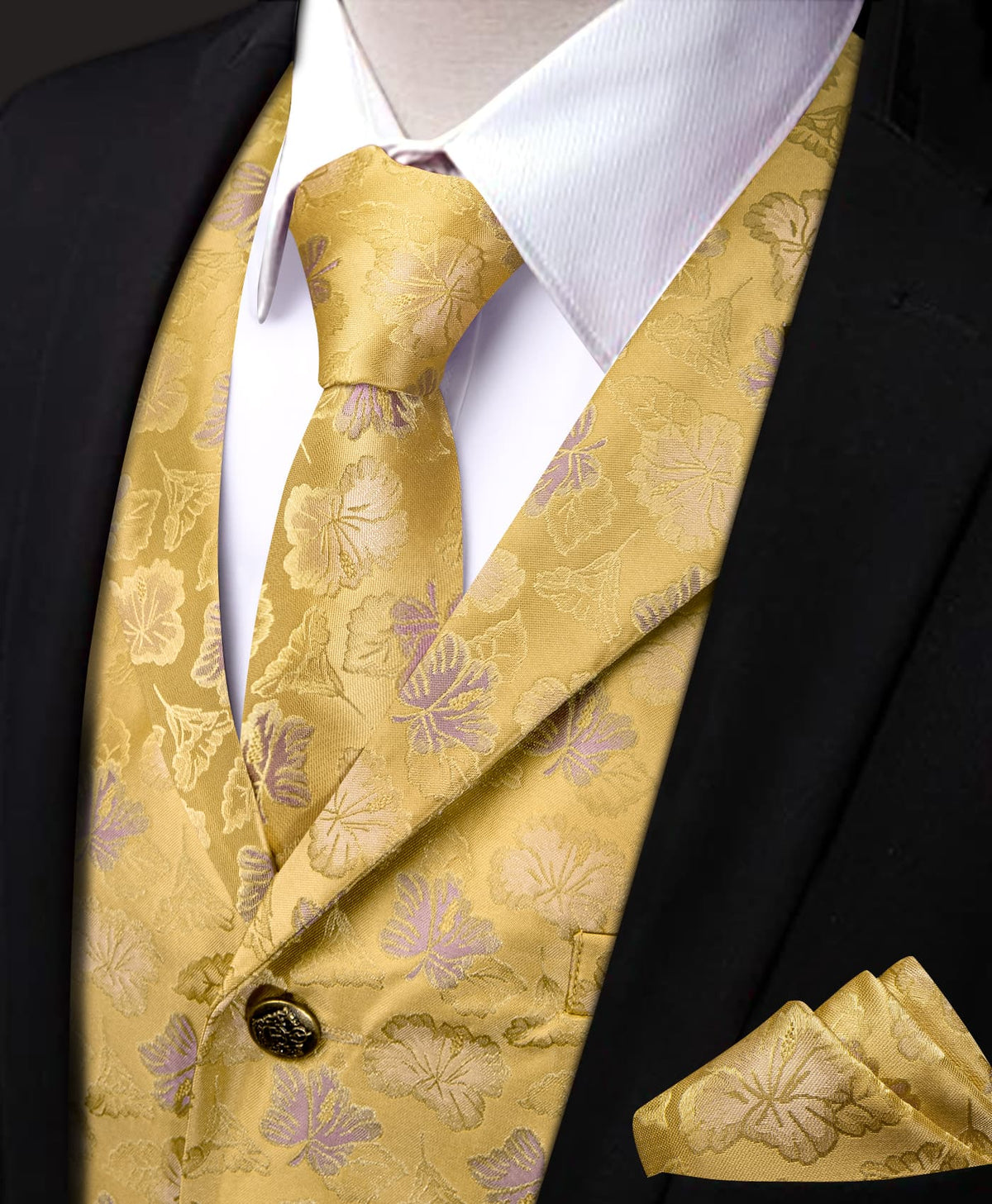 Yellow Waistcoat Thistle Purple Jacquard Floral Vest Tie Set