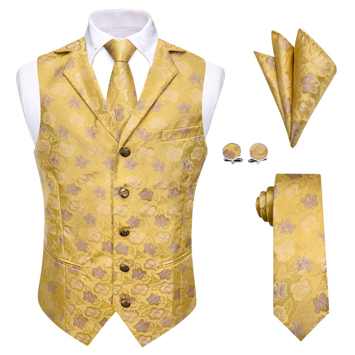 Yellow Waistcoat Thistle Purple Jacquard Floral Vest Tie Set