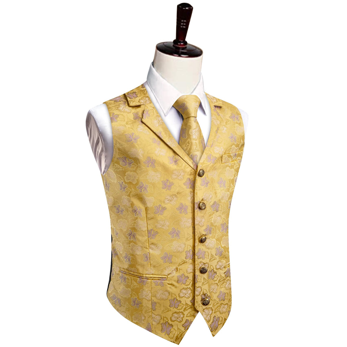 Yellow Waistcoat Thistle Purple Jacquard Floral Vest Tie Set