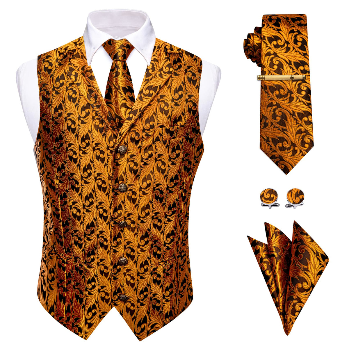 Orange Top Black Men Rust Orange Jacquard Floral Vest Tie Set