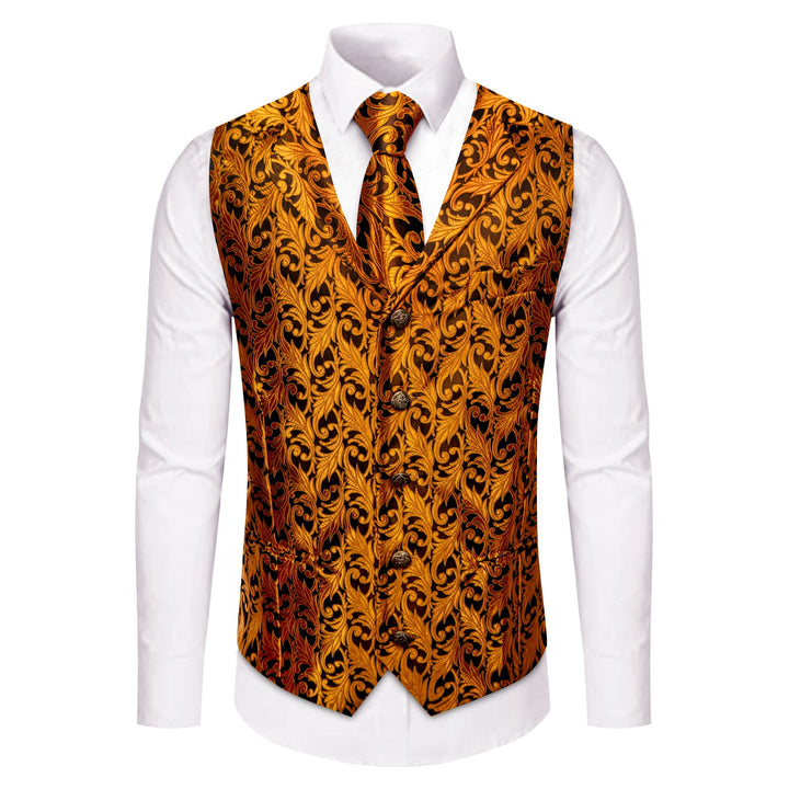 Orange Top Black Men Rust Orange Jacquard Floral Vest Tie Set