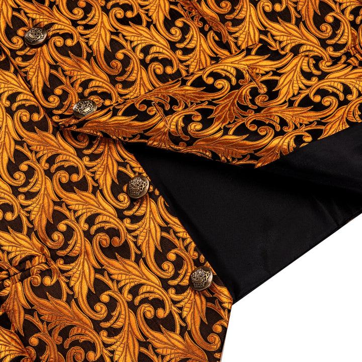 Orange Top Black Men Rust Orange Jacquard Floral Vest Tie Set