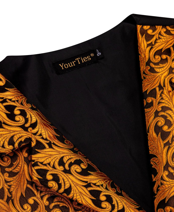 Orange Top Black Men Rust Orange Jacquard Floral Vest Tie Set