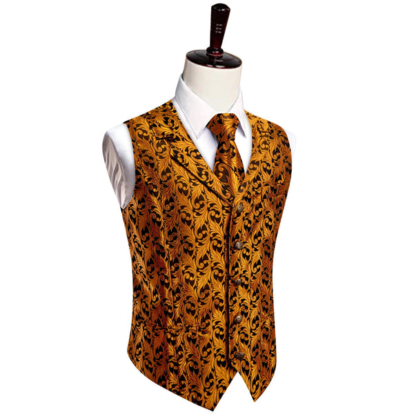 Orange Top Black Men Rust Orange Jacquard Floral Vest Tie Set